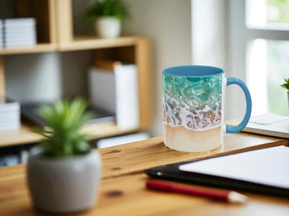 Mug with a unique design on a wooden desk with a blurred background