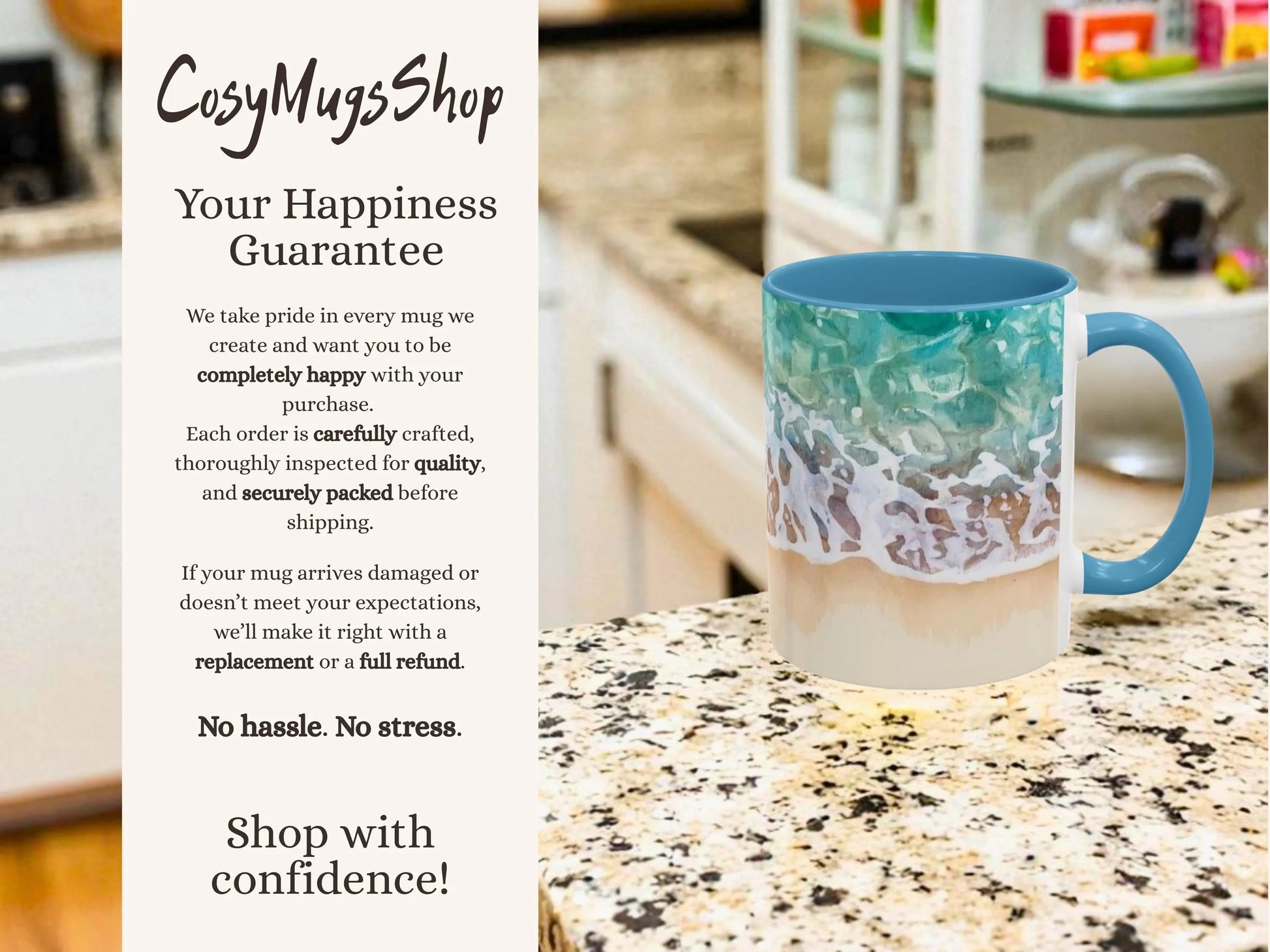 Mug with ocean design on a countertop, promotional text for CosyMugsShop on the left.