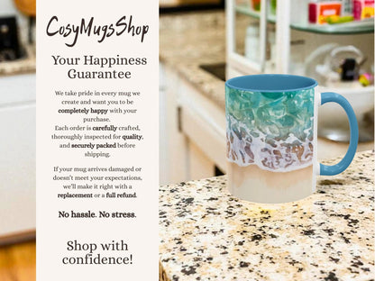 Mug with ocean design on a countertop, promotional text for CosyMugsShop on the left.