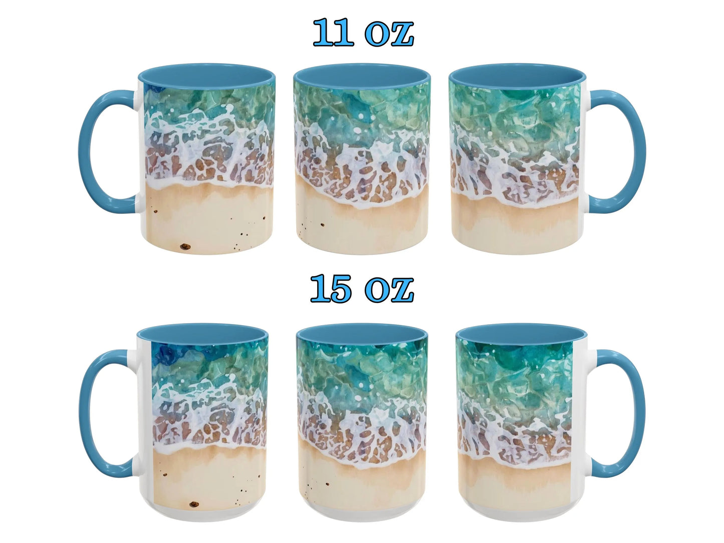 Set of six mugs with beach design and size labels on a white background