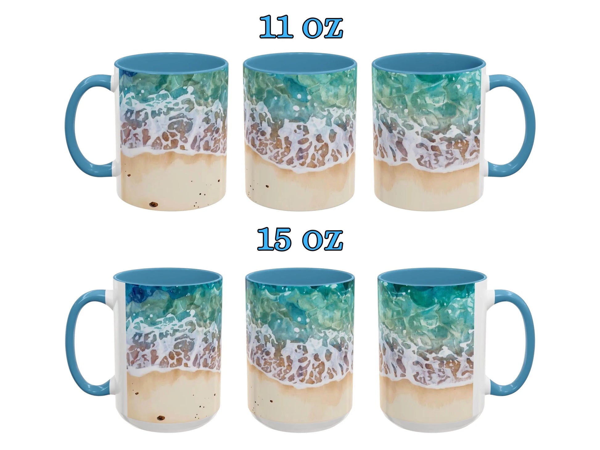 Set of six mugs with beach design and size labels on a white background