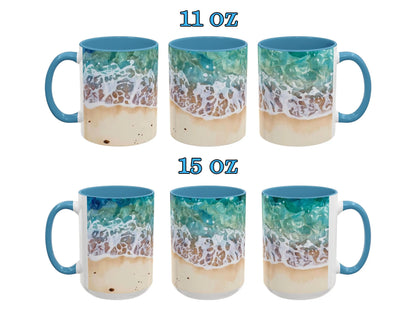 Set of six mugs with beach design and size labels on a white background