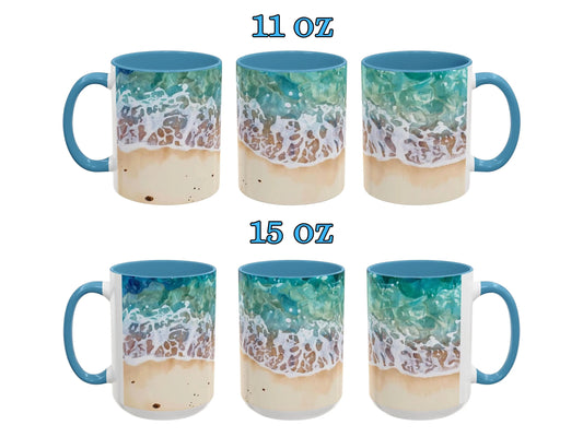 Set of six mugs with beach design and size labels on a white background