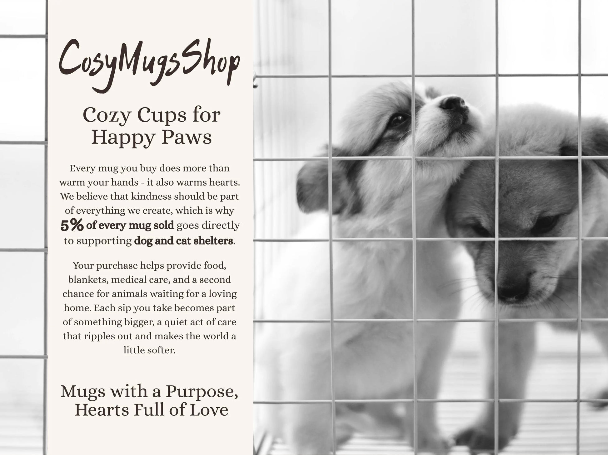 Dog behind a grid with promotional text for Cozy Mugs Shop