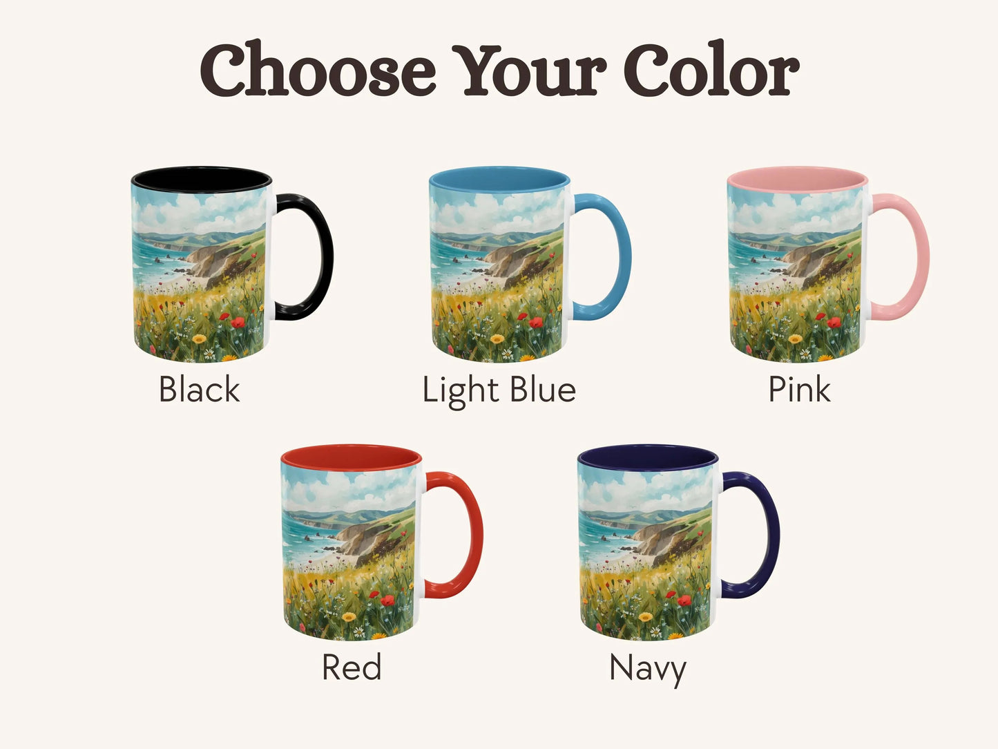 Set of five mugs with different color options and a scenic design.