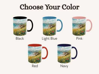 Set of five mugs with different color options and a scenic design.