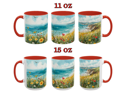 Two sets of mugs with scenic design and red interior and handle, labeled 11 oz and 15 oz.