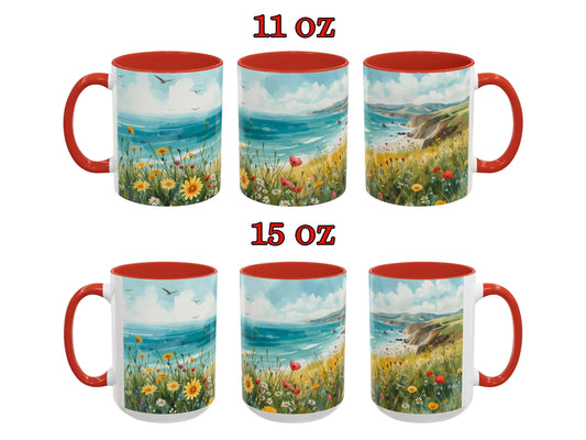 Two sets of mugs with scenic design and red interior and handle, labeled 11 oz and 15 oz.