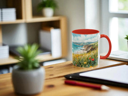 Mug with scenic design on a desk with office items