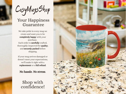 Mug with scenic design on a kitchen counter, featuring 'CosyMugsShop' text.