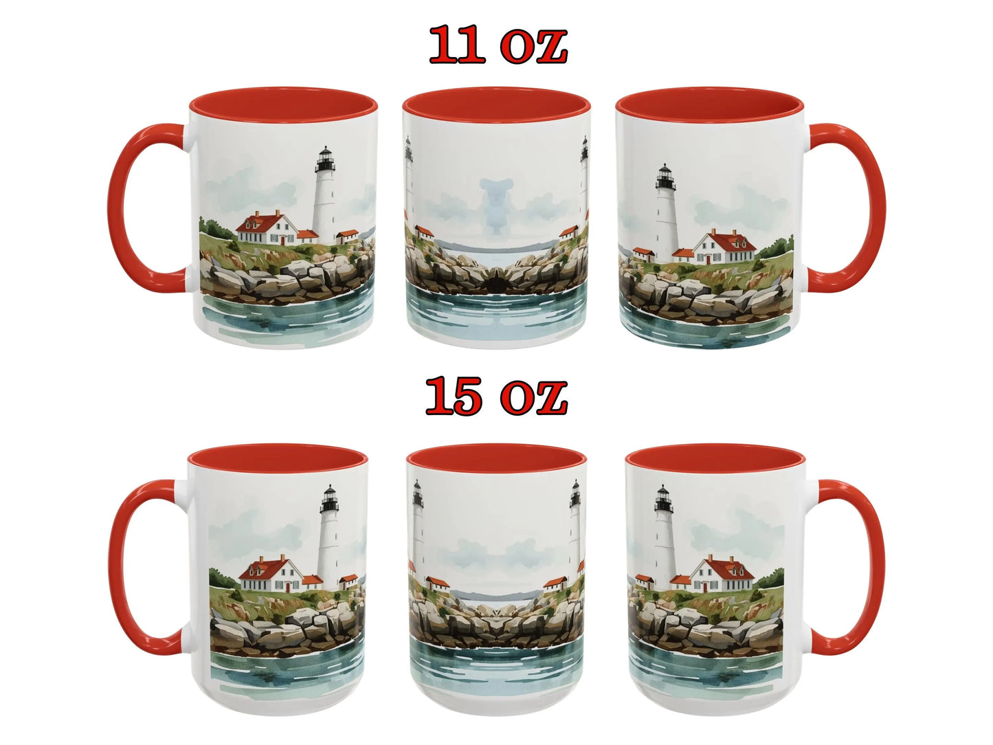 Two sets of mugs with lighthouse design, one set 11 oz and the other set 15 oz, on a white background.