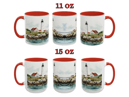 Two sets of mugs with lighthouse design, one set 11 oz and the other set 15 oz, on a white background.