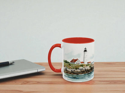 Mug with a scenic design of a lighthouse and houses on a wooden table with a laptop.