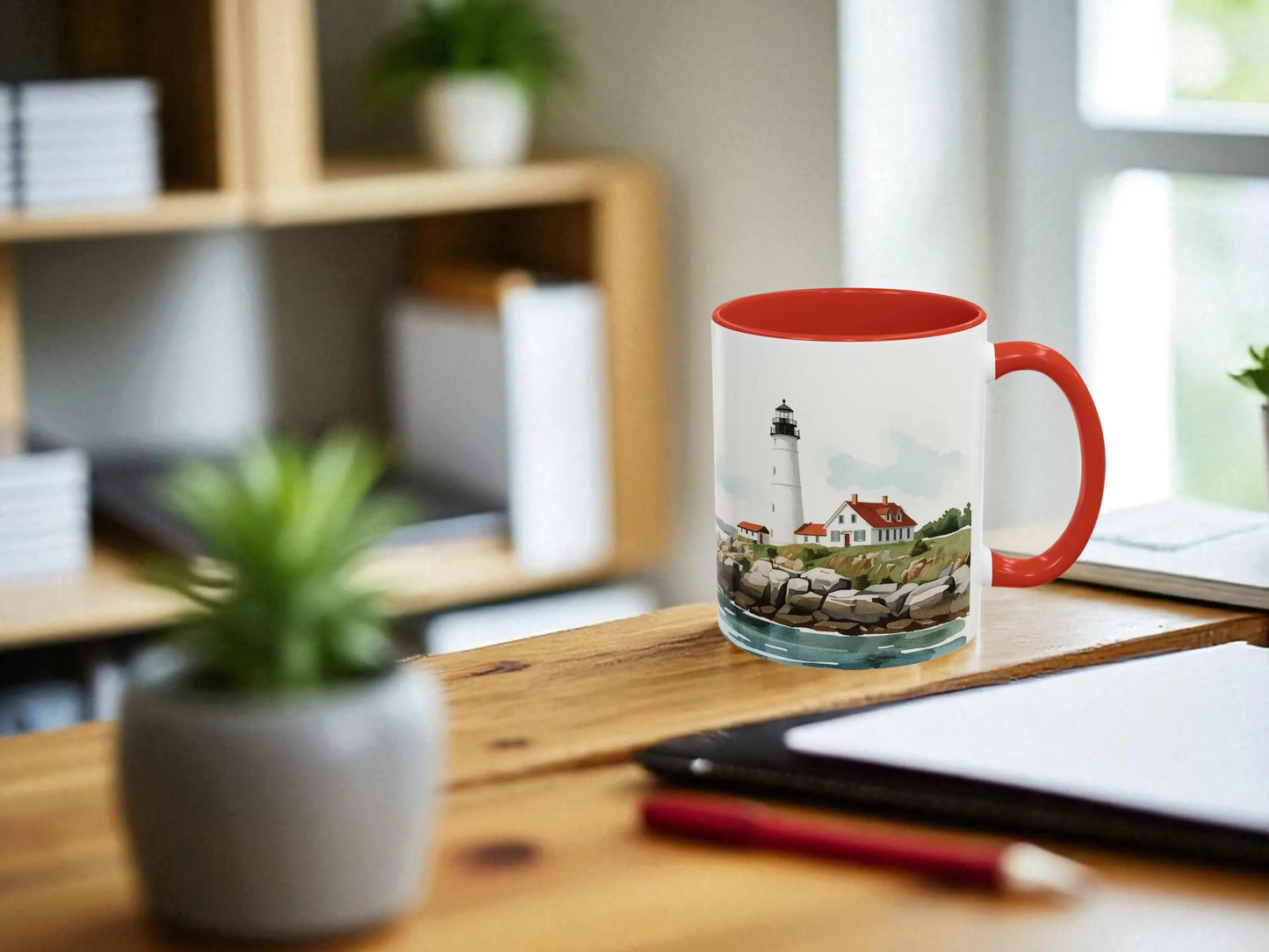 Mug with a lighthouse design on a wooden desk with a blurred background