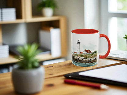 Mug with a lighthouse design on a wooden desk with a blurred background