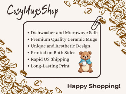 CosyMugsShop advertisement with a bear illustration and product features on a white background with coffee bean design.