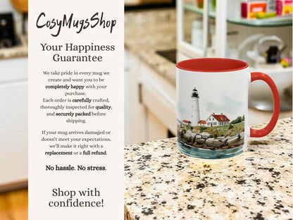 Mug with lighthouse design on a kitchen counter, featuring 'CosyMugsShop' text.