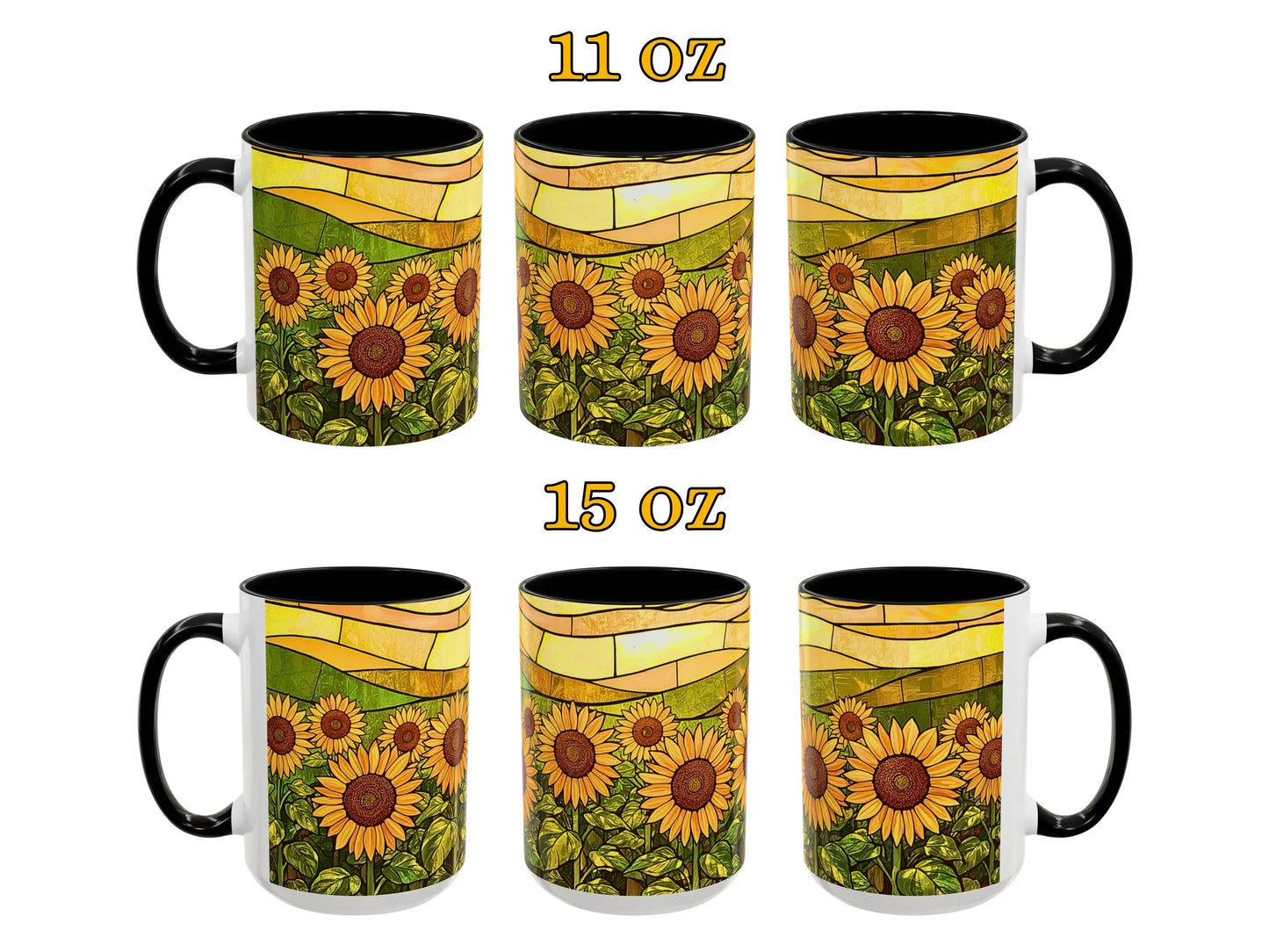 Set of six mugs with sunflower design, two sizes labeled 11 oz and 15 oz.