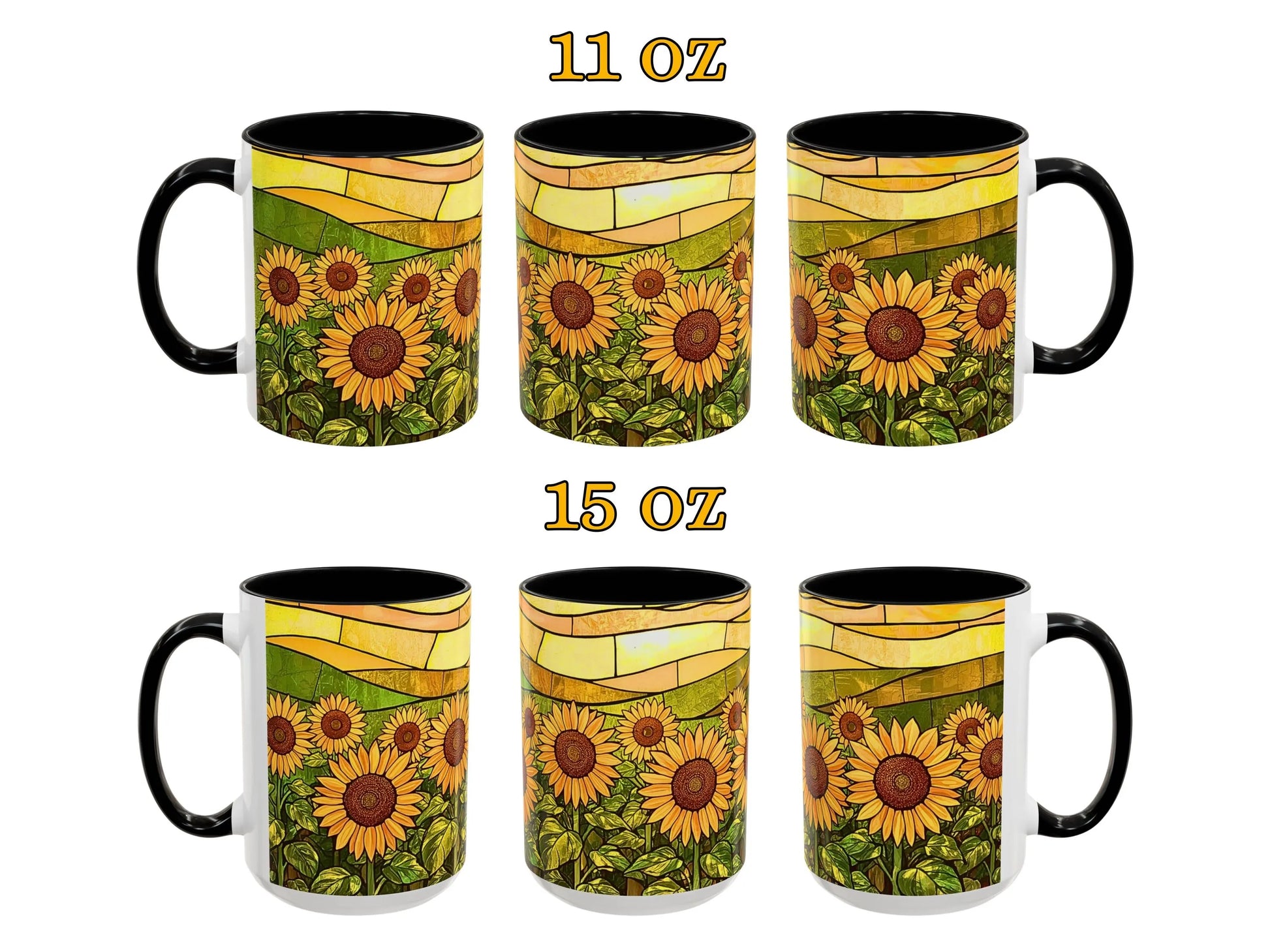 Set of six mugs with sunflower design, two sizes labeled 11 oz and 15 oz.