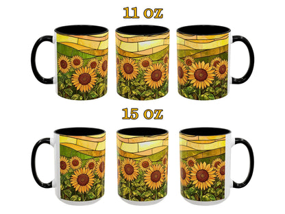 Set of six mugs with sunflower design, two sizes labeled 11 oz and 15 oz.