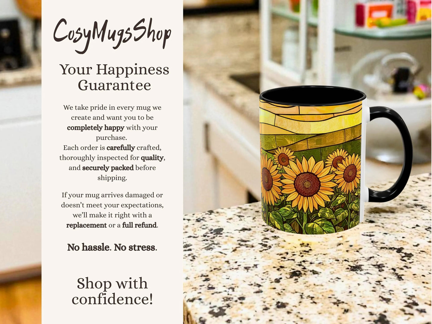 Sunflower-themed mug on a kitchen counter with promotional text for 'CosyMugsShop'.
