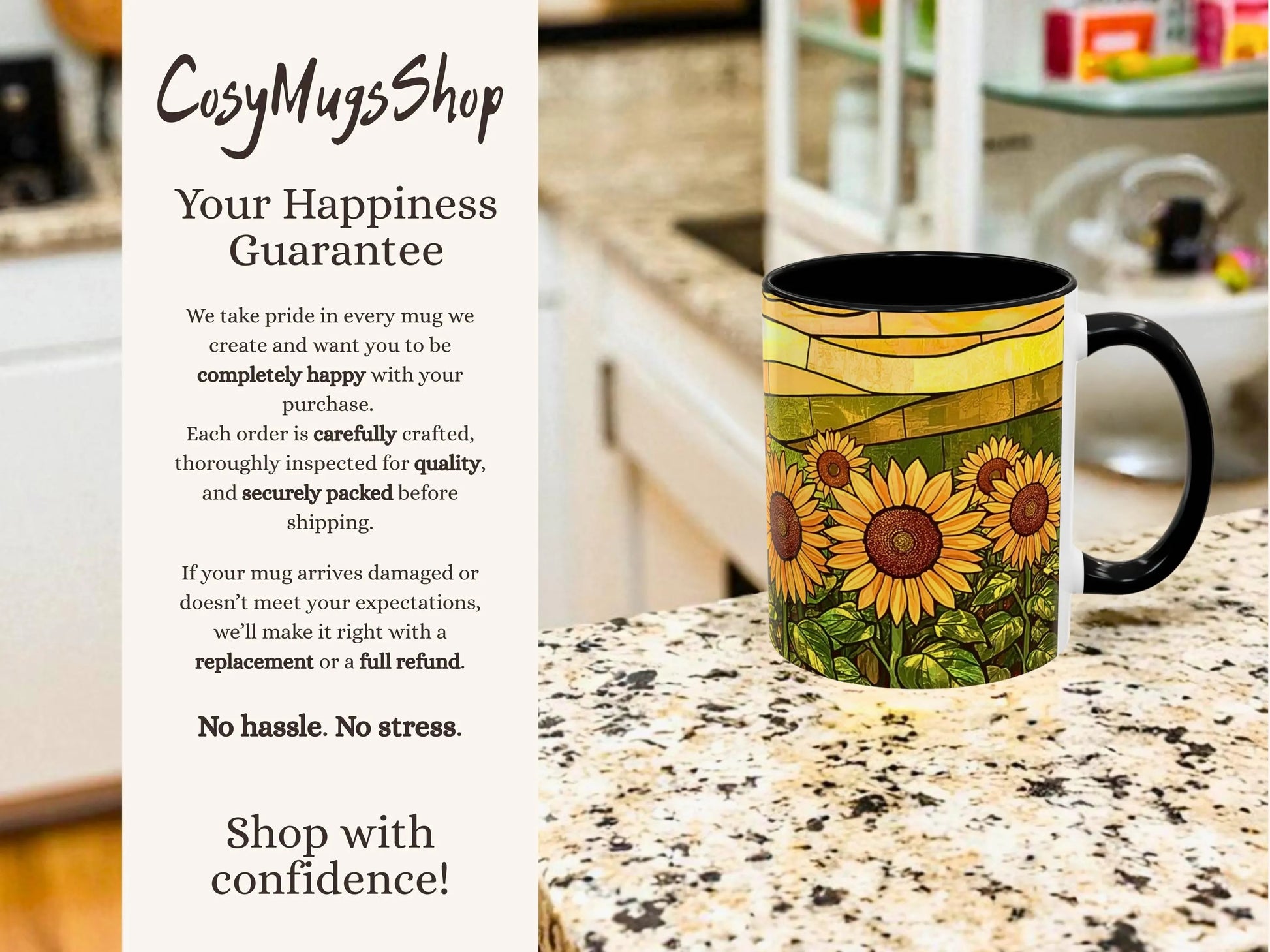 Sunflower-themed mug on a kitchen counter with promotional text for 'CosyMugsShop'.