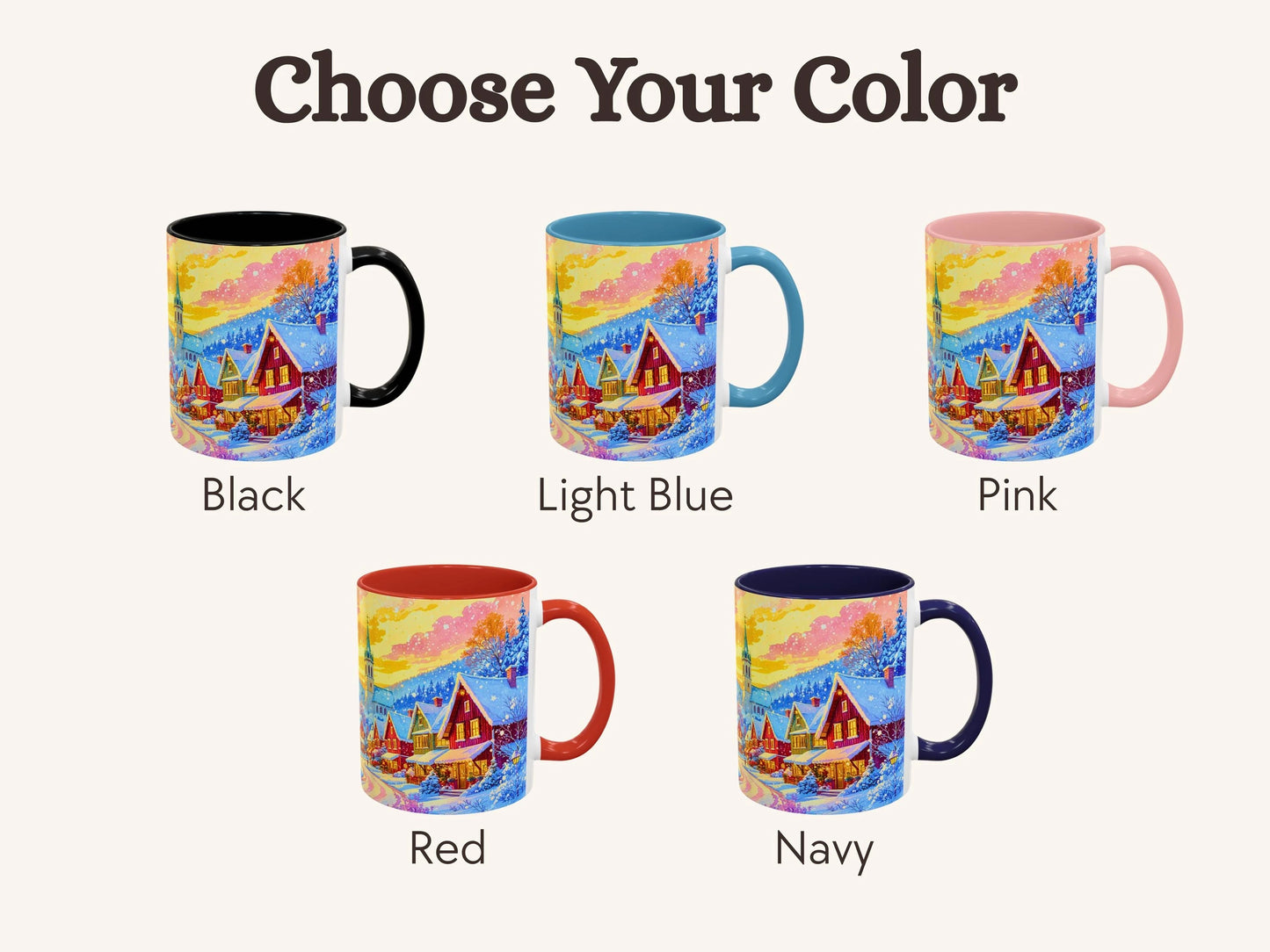 Color selection options for a mug with a colorful design of houses and sky.