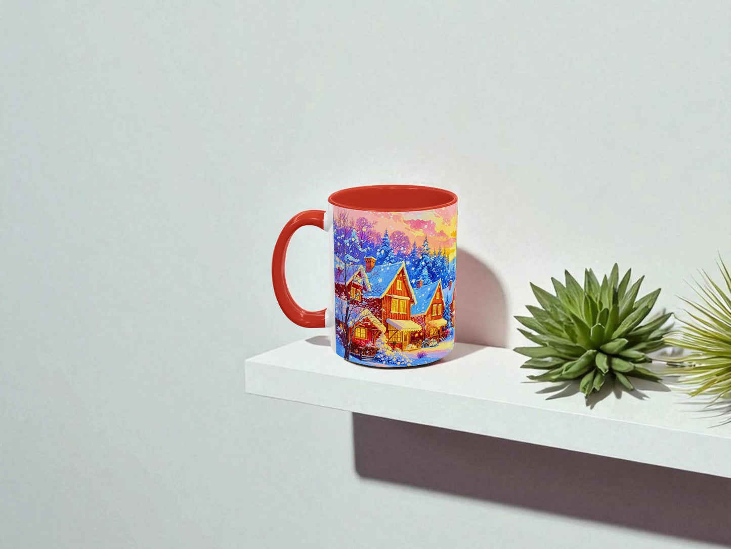 Colorful mug with a scenic design on a white surface next to a plant