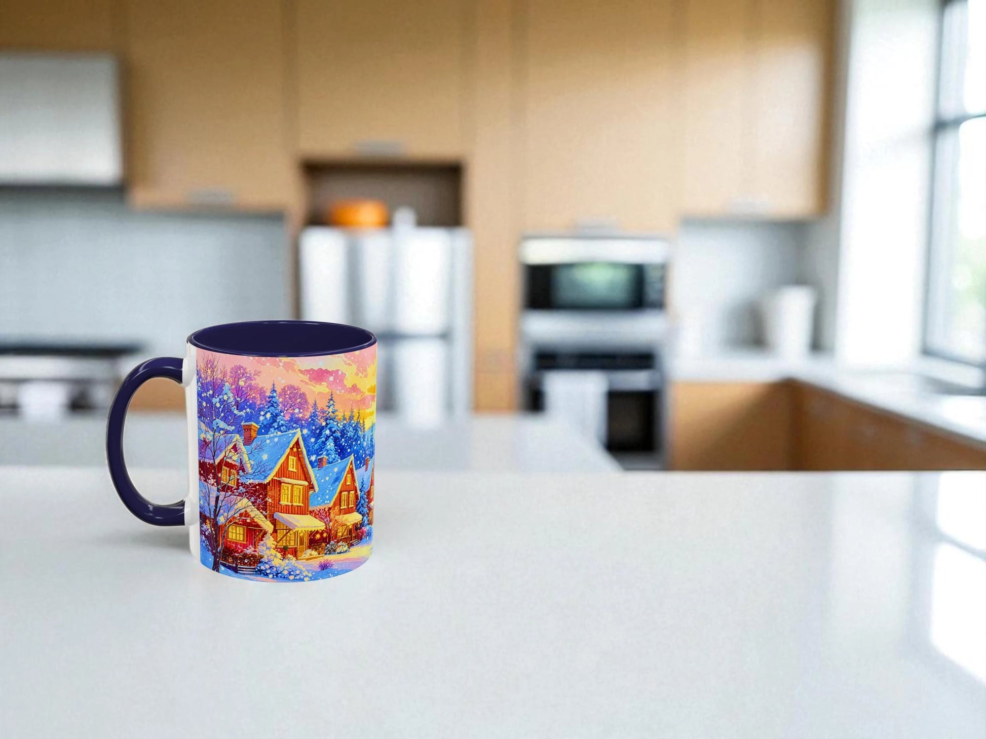 Colorful mug with a winter scene on a kitchen counter