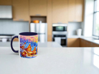 Colorful mug with a winter scene on a kitchen counter