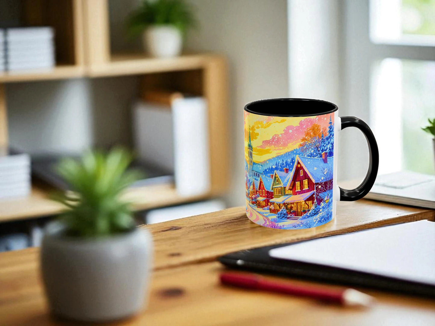 Colorful mug with a scenic design on a wooden desk.