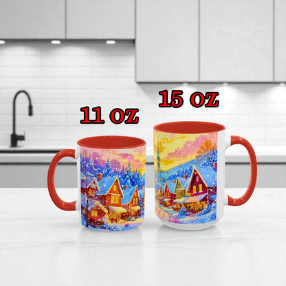 Two mugs with a scenic design on a kitchen counter, labeled 11 oz and 15 oz.
