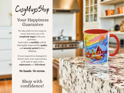 Colorful mug with a scenic design on a kitchen counter, featuring 'CosyMugsShop' text.