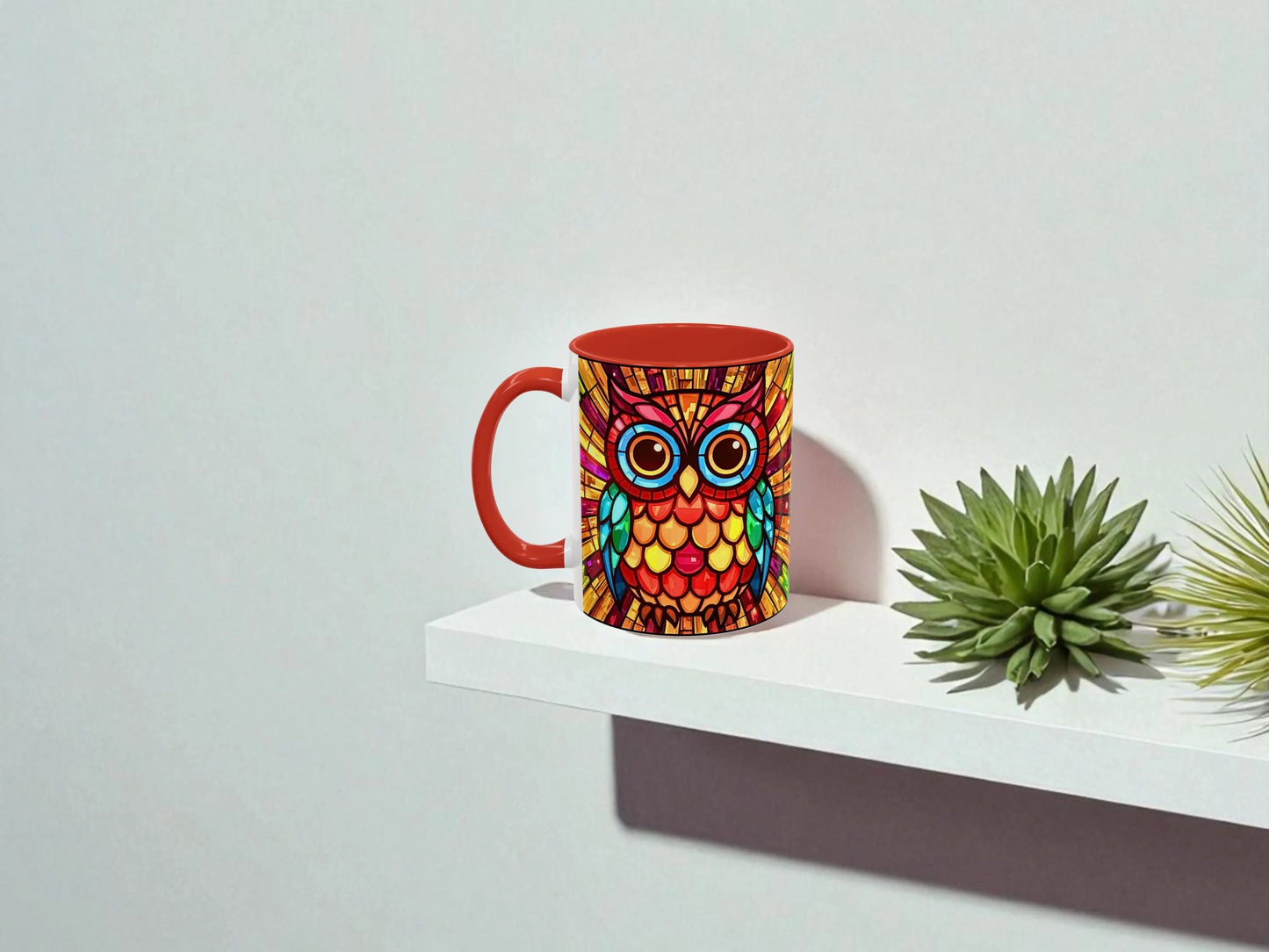 Colorful owl mug on a white shelf with a light gray background