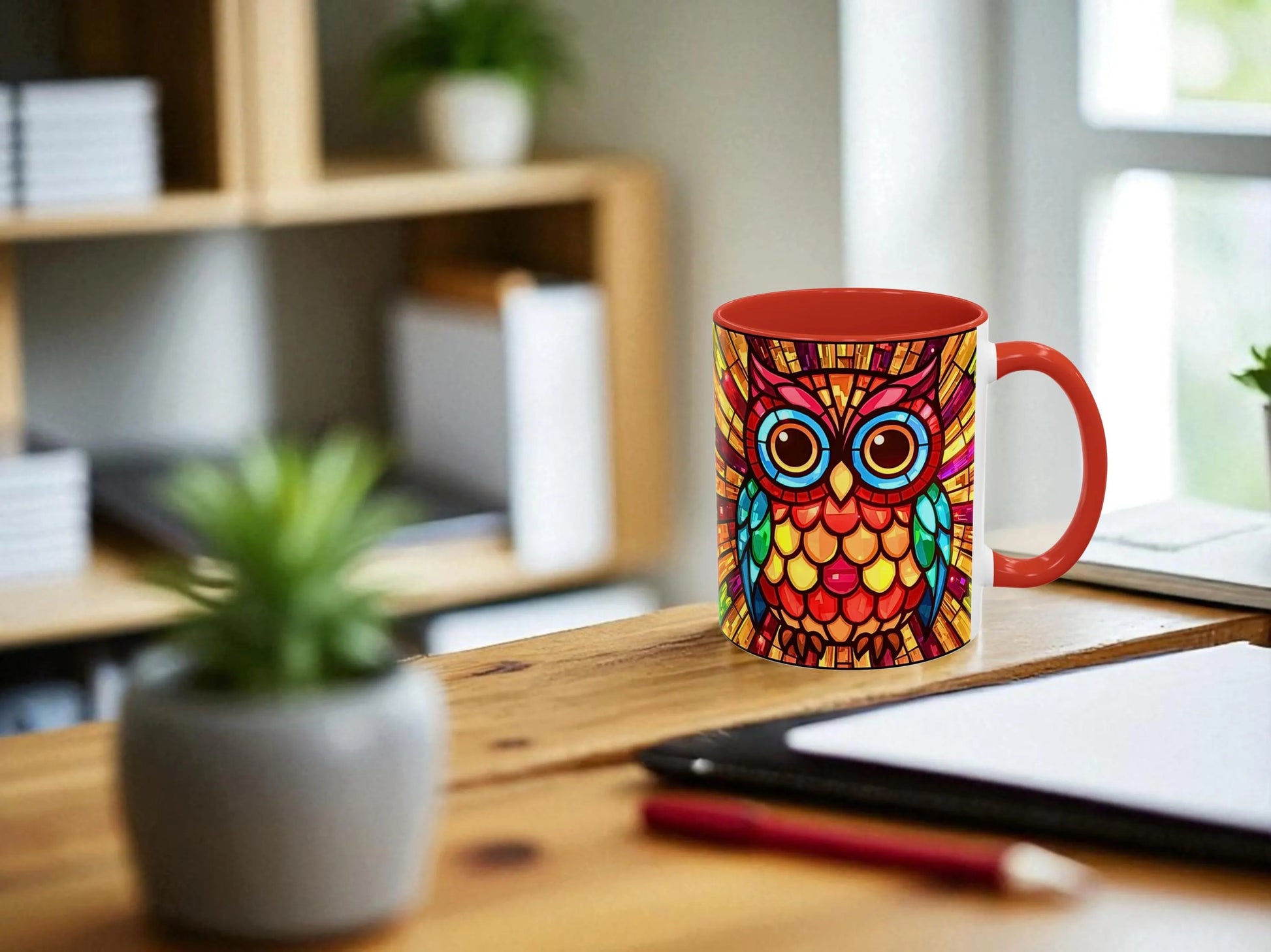 Colorful owl mug on a desk with a blurred background