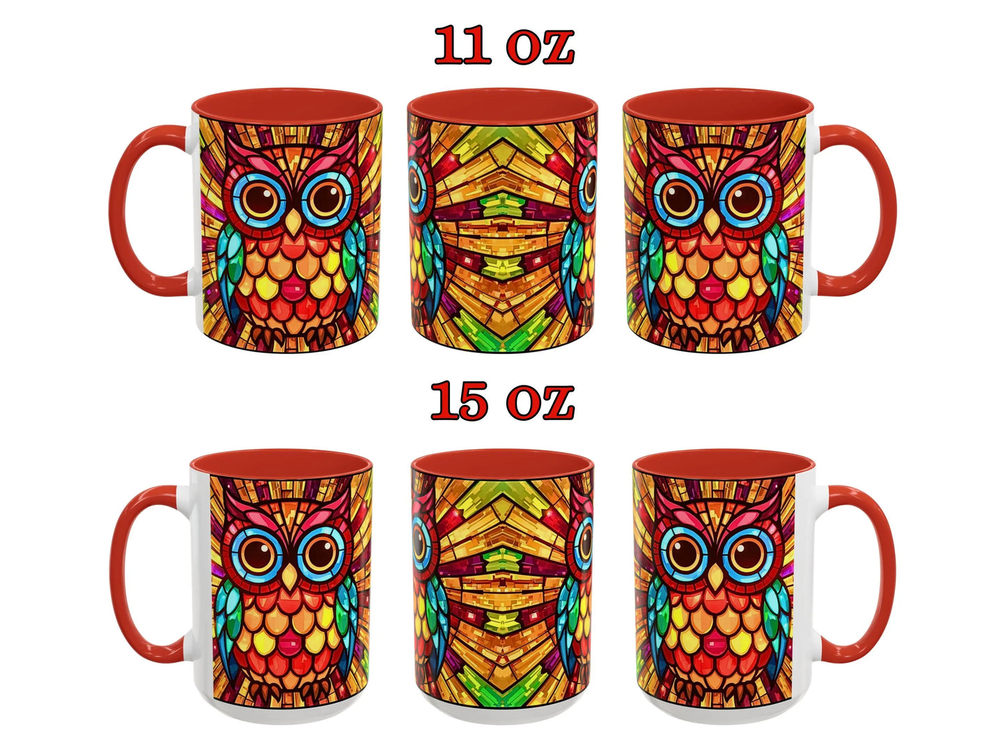 Set of colorful owl mugs with different sizes on a white background