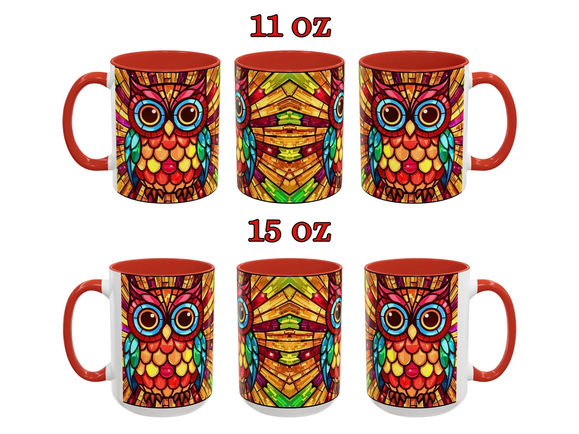 Set of colorful owl mugs with different sizes on a white background