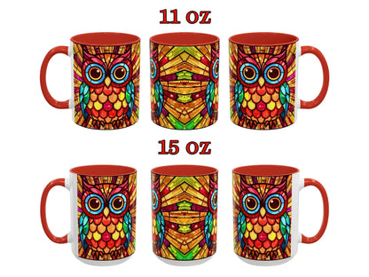 Set of colorful owl mugs with different sizes on a white background