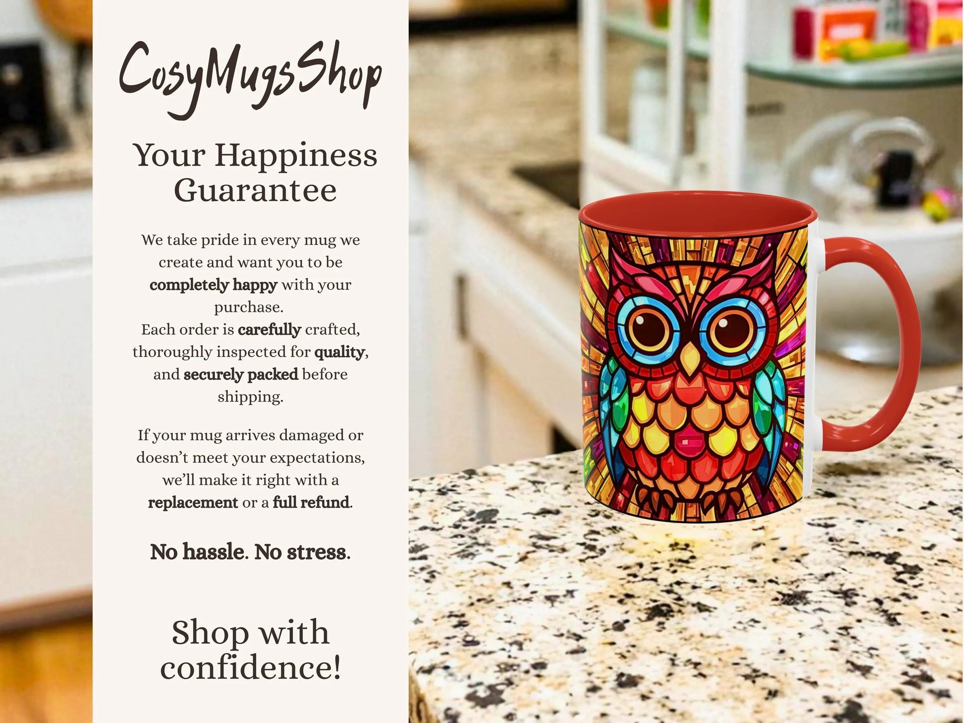Colorful owl mug on a kitchen counter with 'CosyMugsShop' text and guarantee promise.