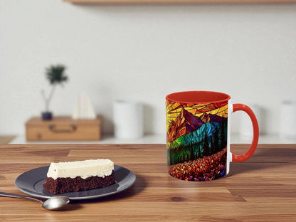 Colorful mug with a red interior on a wooden table next to a slice of cake.