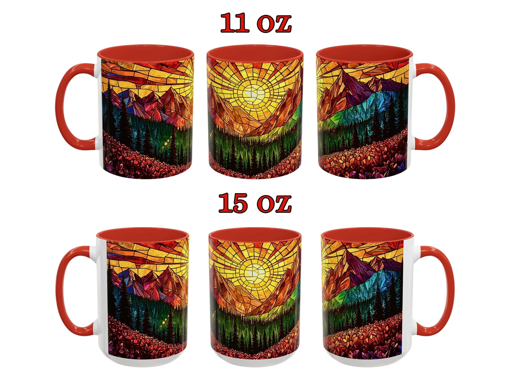Set of two mugs with mountain and sun design, one 11 oz and one 15 oz, on a white background.