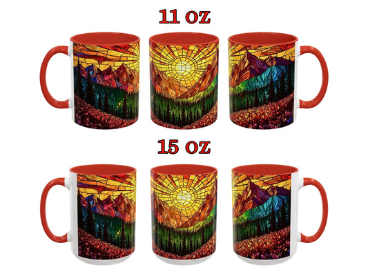 Set of two mugs with mountain and sun design, one 11 oz and one 15 oz, on a white background.