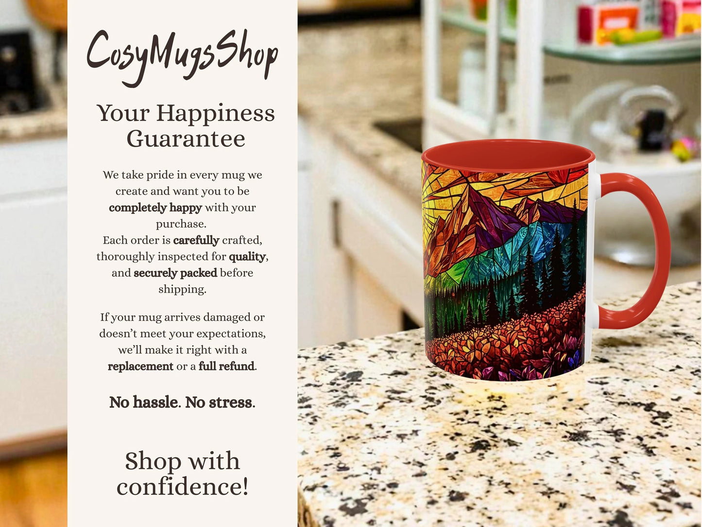 Colorful mug with mountain design on a kitchen counter, featuring 'CosyMugsShop' text.