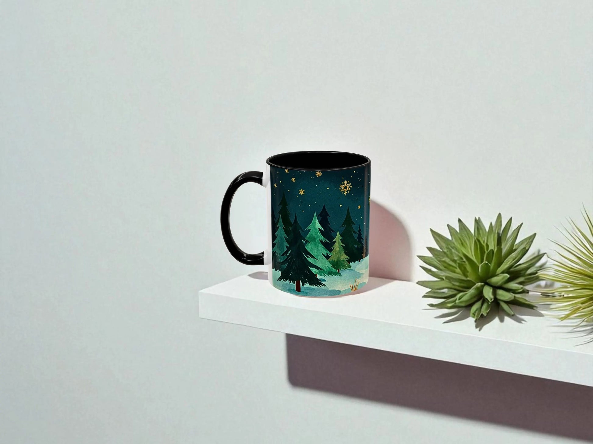 Mug with nature design on a white shelf against a light gray background