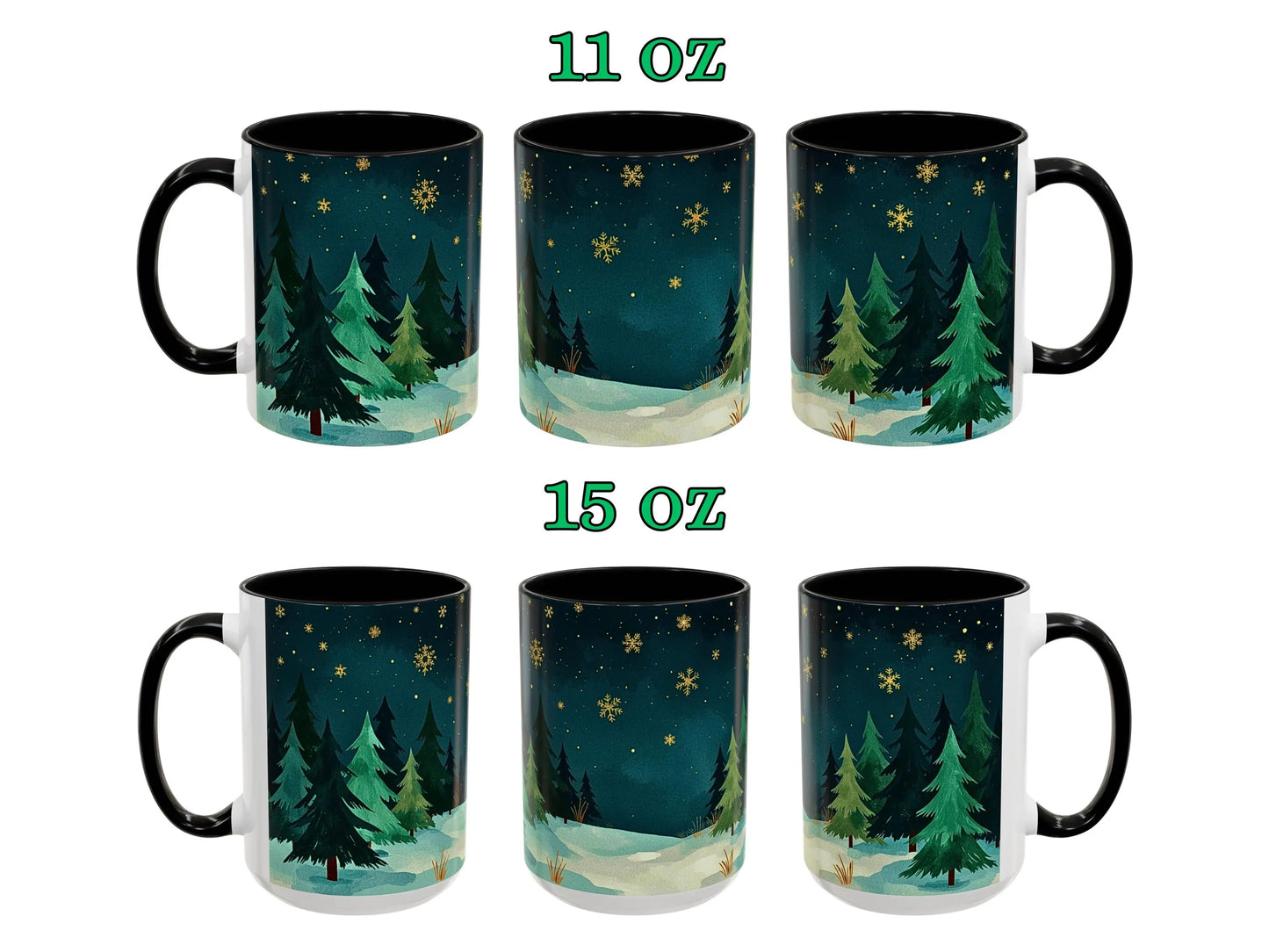Set of six mugs with forest design, two sizes labeled 11 oz and 15 oz.