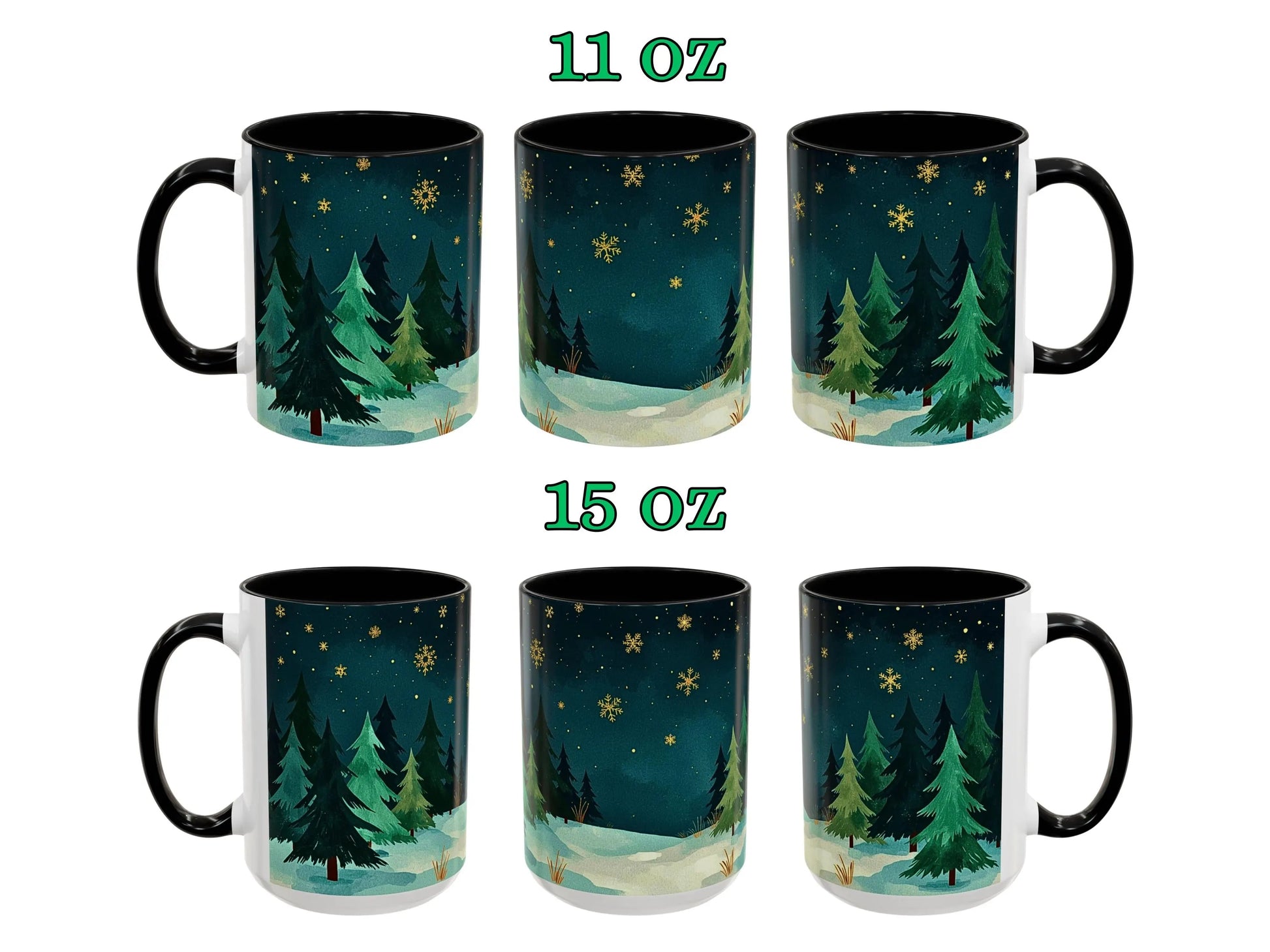 Set of six mugs with forest design, two sizes labeled 11 oz and 15 oz.