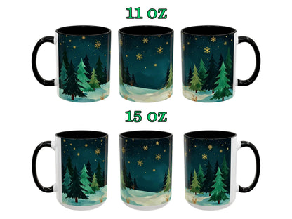Set of six mugs with forest design, two sizes labeled 11 oz and 15 oz.