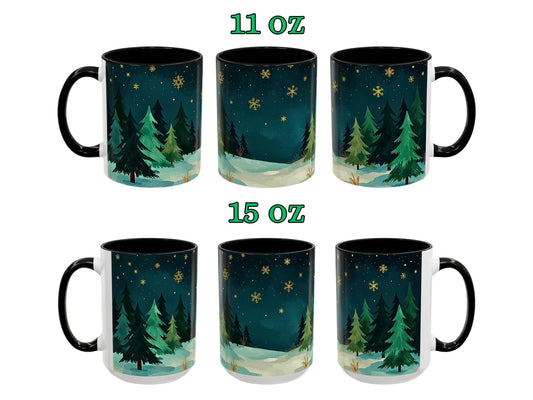 Set of six mugs with forest design, two sizes labeled 11 oz and 15 oz.