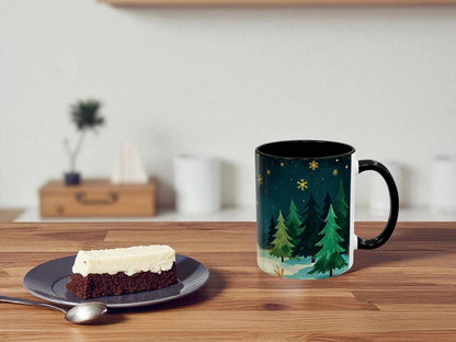 Mug with nature design on a wooden table next to a dessert