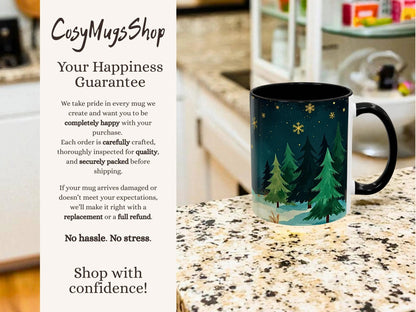 Mug with nature design on a countertop, featuring 'Cosy Mugs Shop' text.